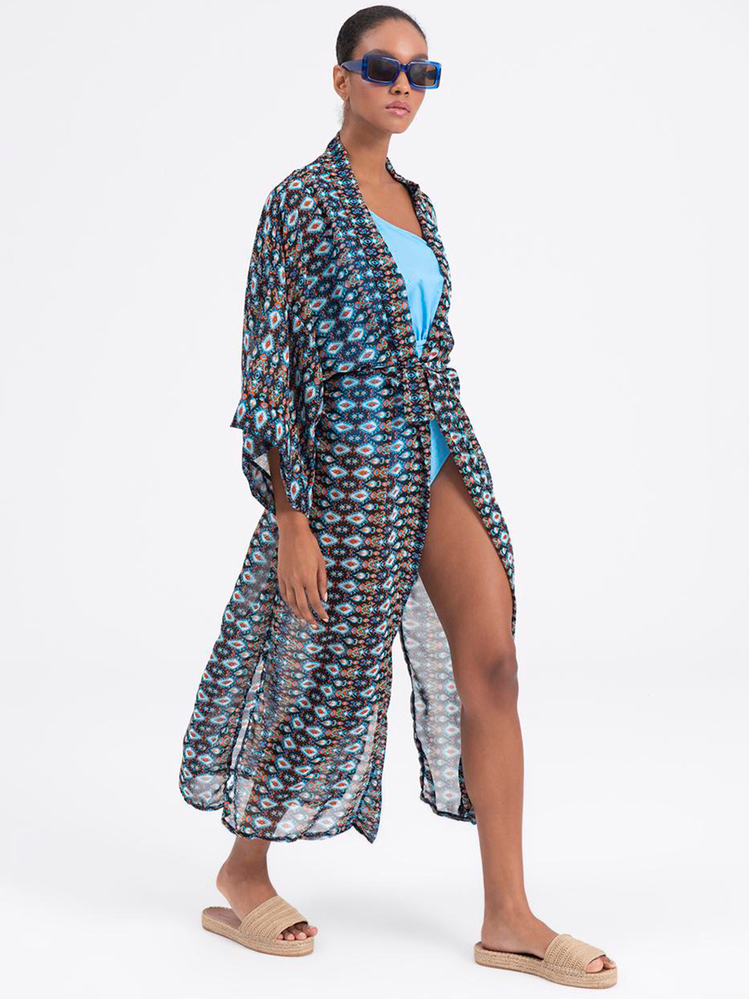 

PRET A TUER Geometric Printed Longline Belted Kimono Sleeves Swimwear Coverup Top, Blue