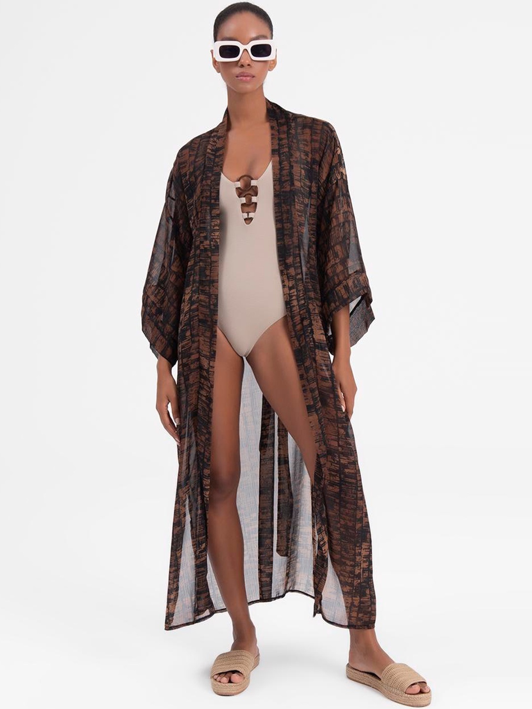 

PRET A TUER Abstract Printed Tie-Up Detail Swimwear Cover-Up Top, Brown