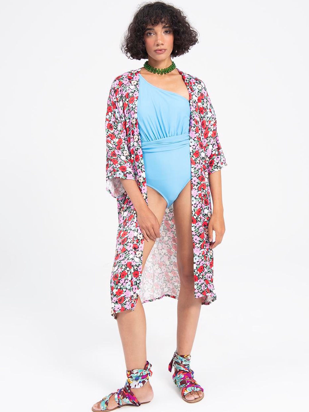 

PRET A TUER Floral Printed Open Front Swimwear Cover Up Top, White