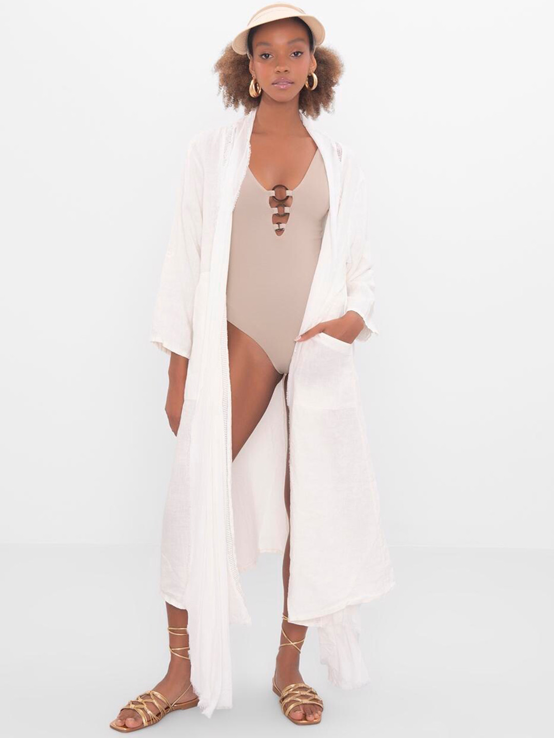 

PRET A TUER Self Design Longline Kimono Sleeves Swimwear Coverup Top, White