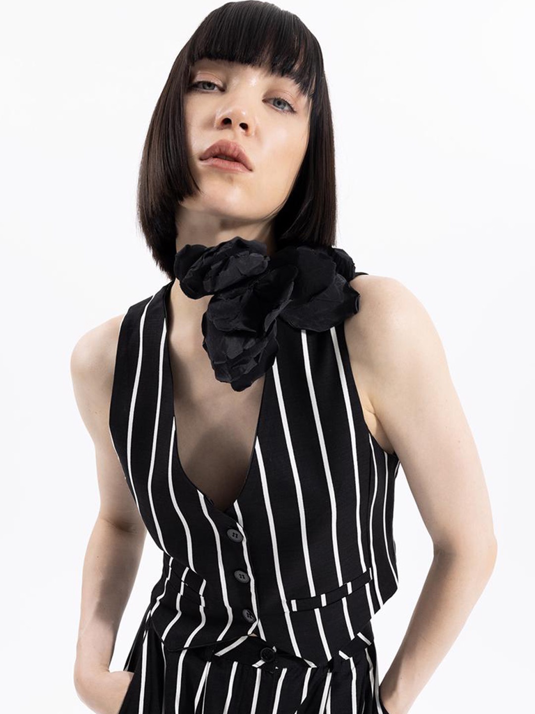 

PRET A TUER Striped Crop Tailored Vest Jacket, Black