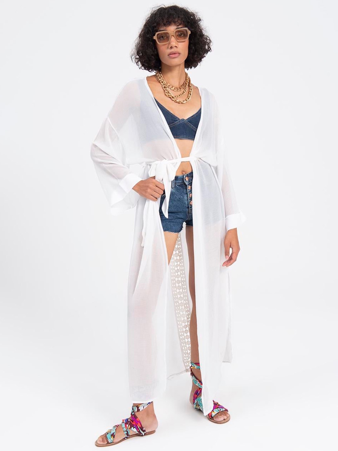 

PRET A TUER Self Design Longline Belted Kimono Sleeves Swimwear Coverup Top, White