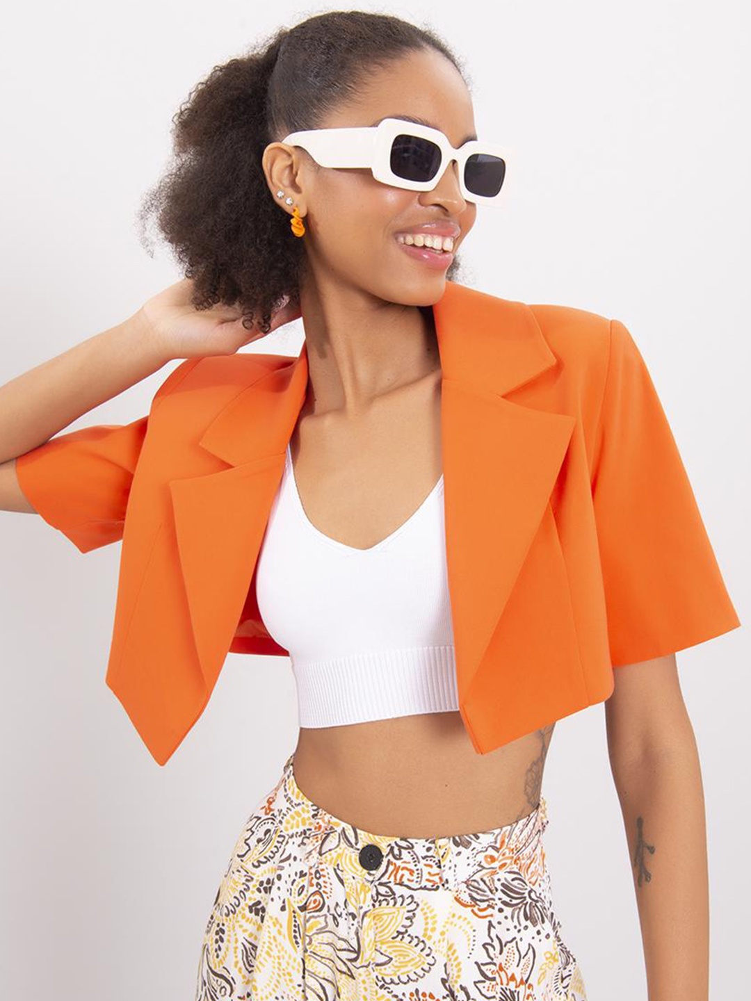 

PRET A TUER Geometric Crop Open Front Jacket, Orange