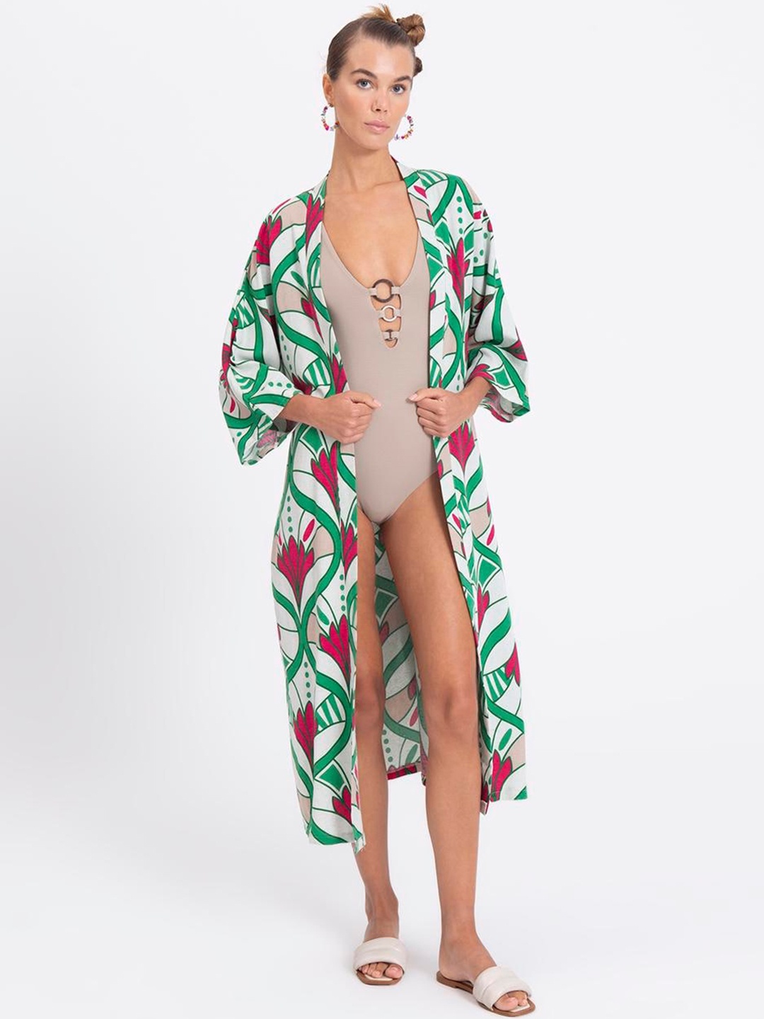 

PRET A TUER Floral Longline Open Front Jacket, Green