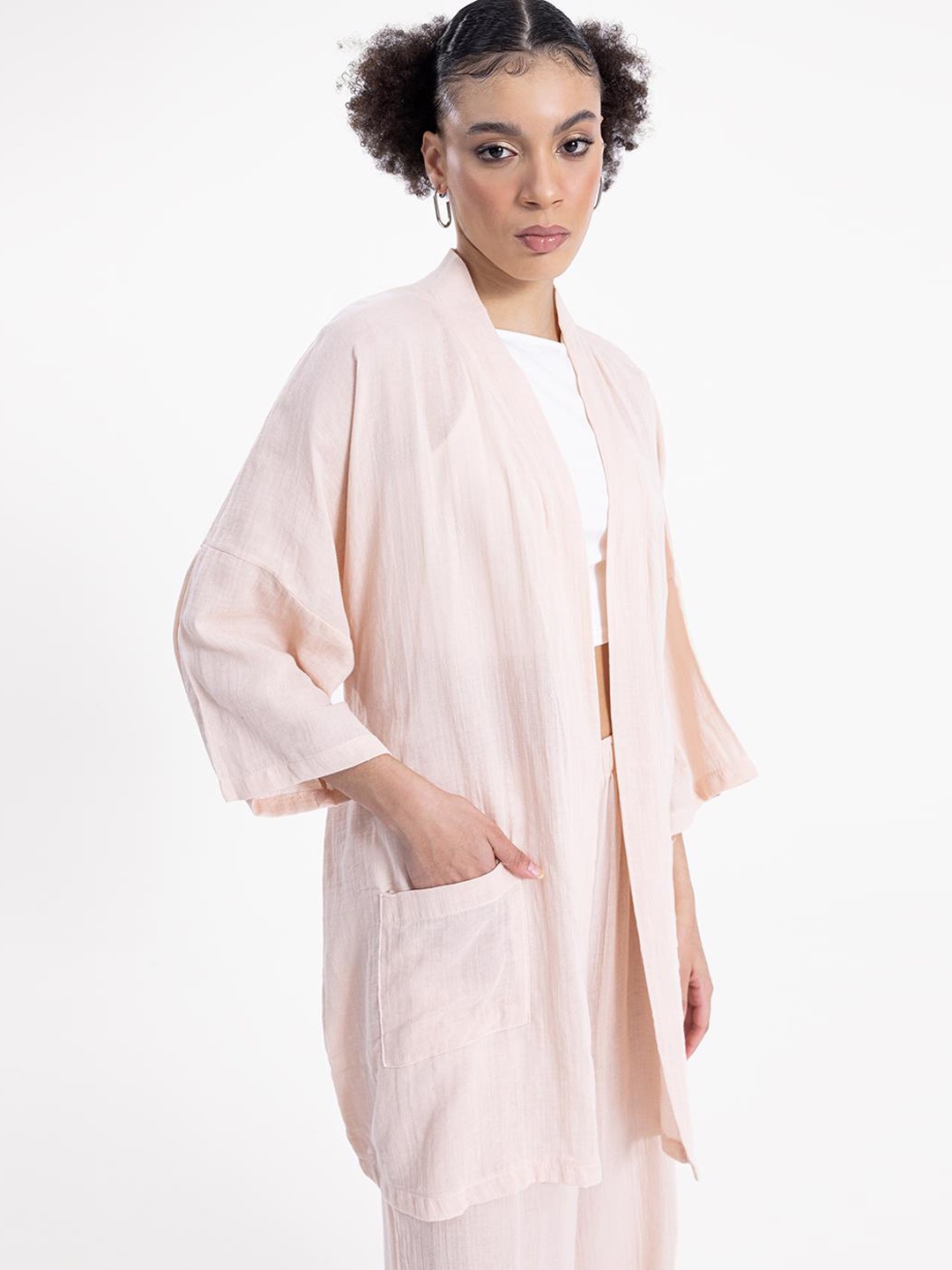 

PRET A TUER Open Front Cotton Shrug With Belt, Beige