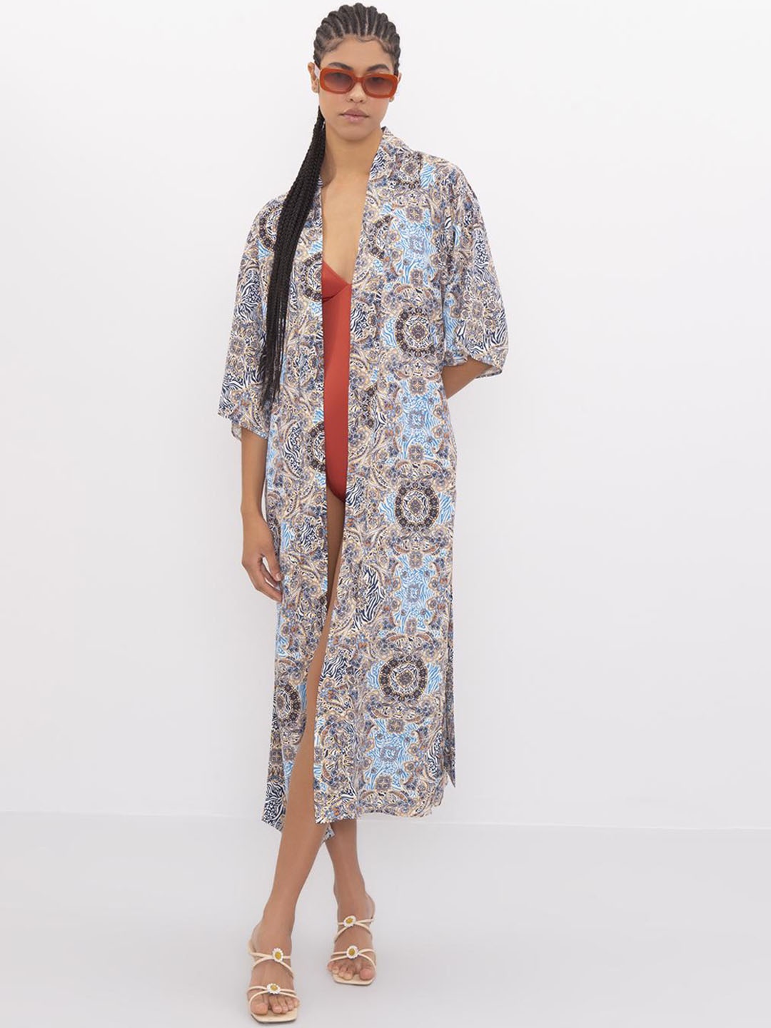 

PRET A TUER Floral Printed Swimwear Cover Up Top, Blue
