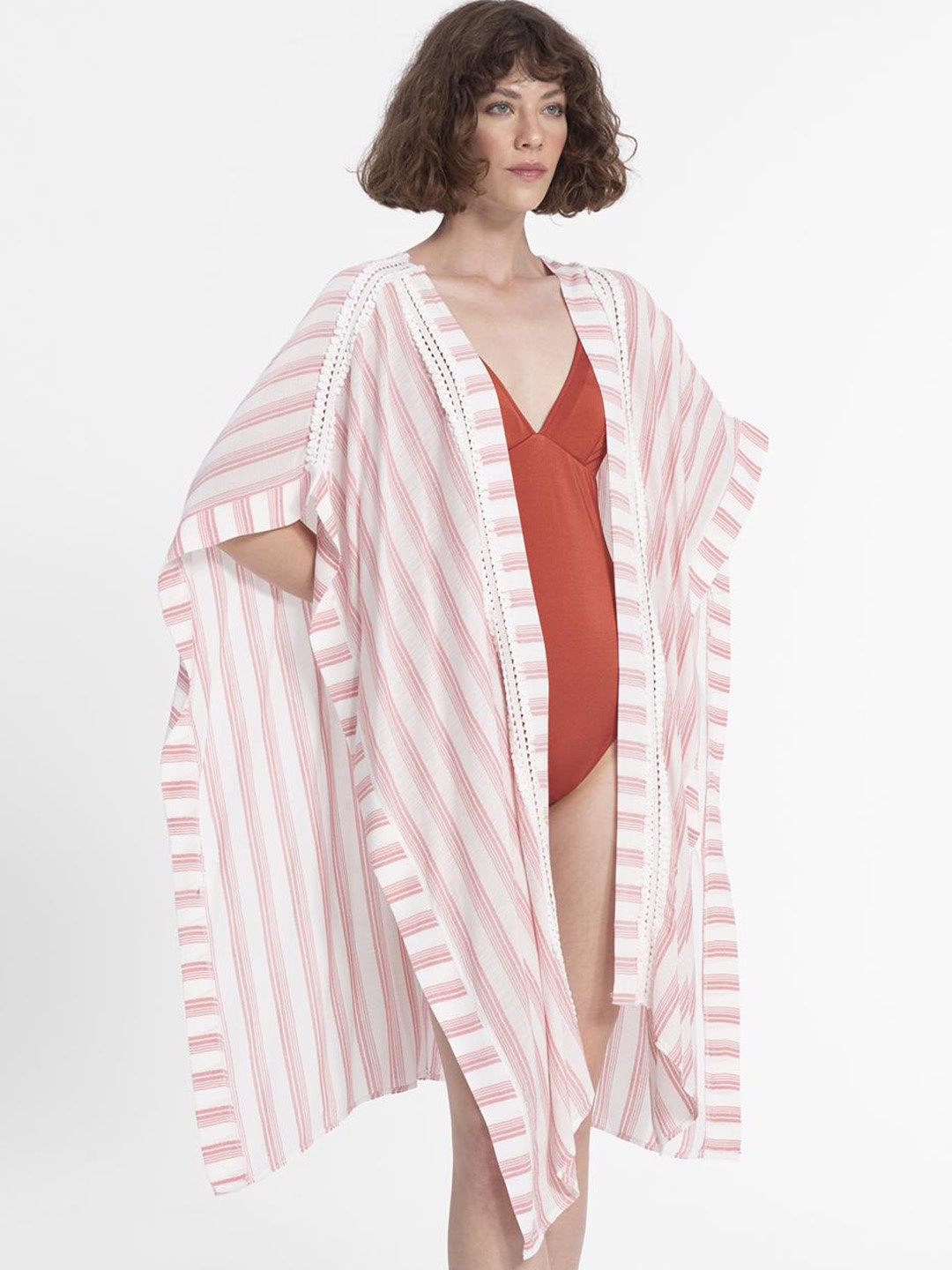 

PRET A TUER Women Red Striped Longline Open Front Jacket with Embroidered