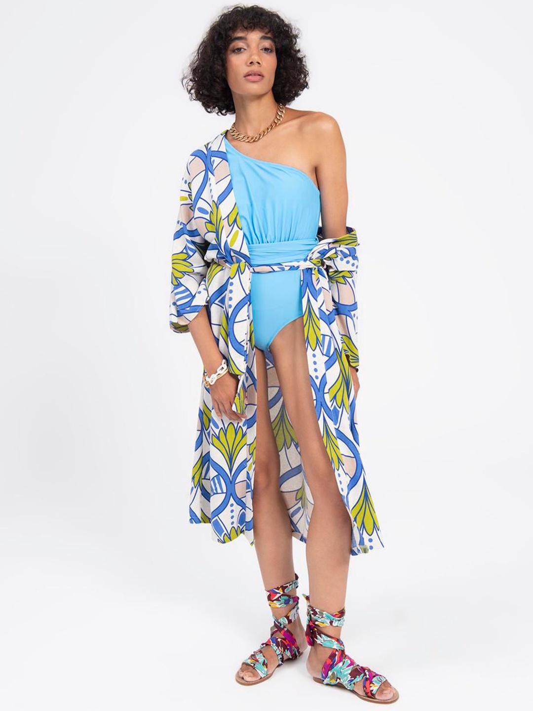 

PRET A TUER Floral Printed Cotton Swim Wear Coverup Top, Blue