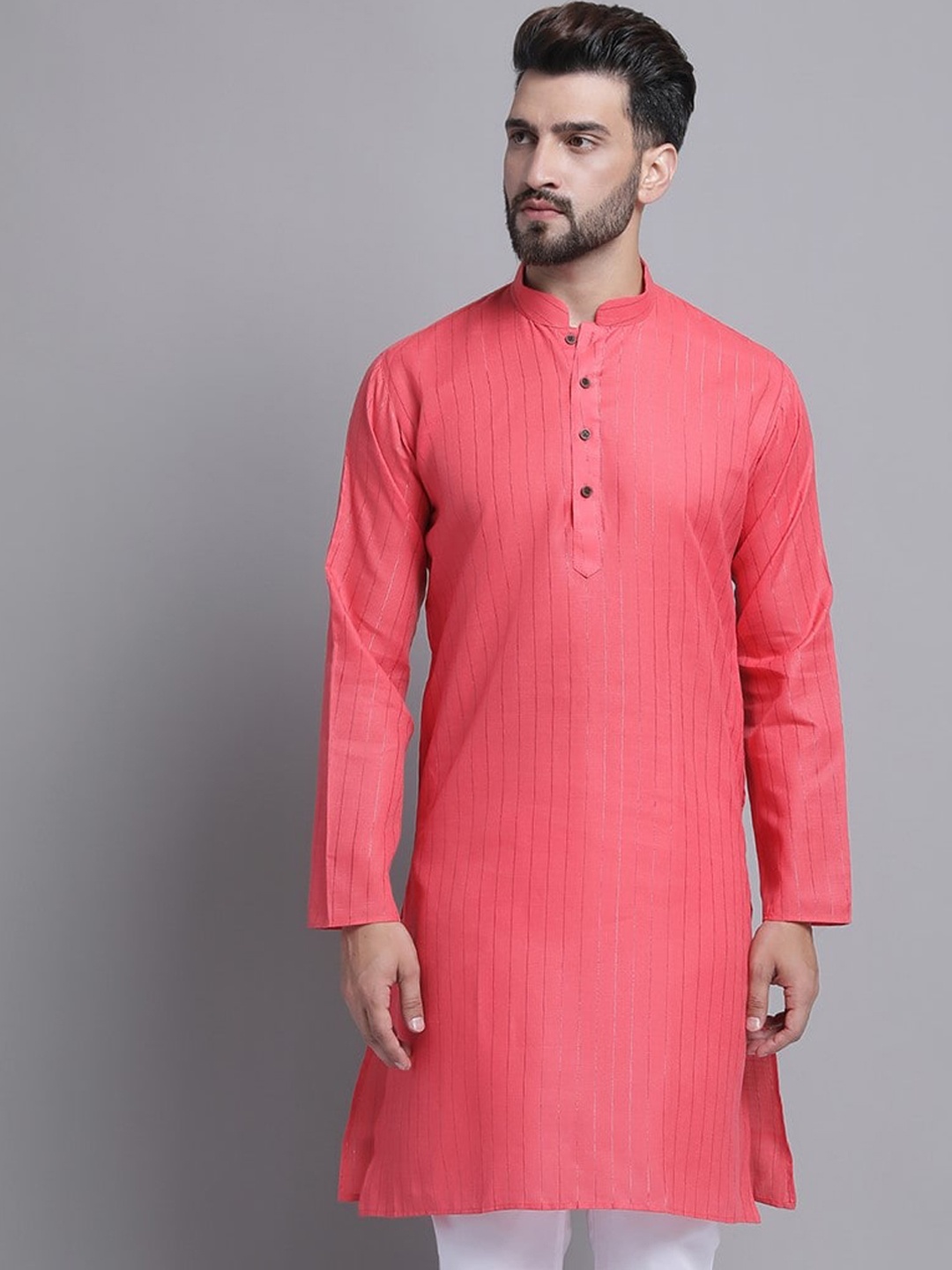 

Armaan Ethnic Striped Mandarin Collar Cotton Kurta, Peach
