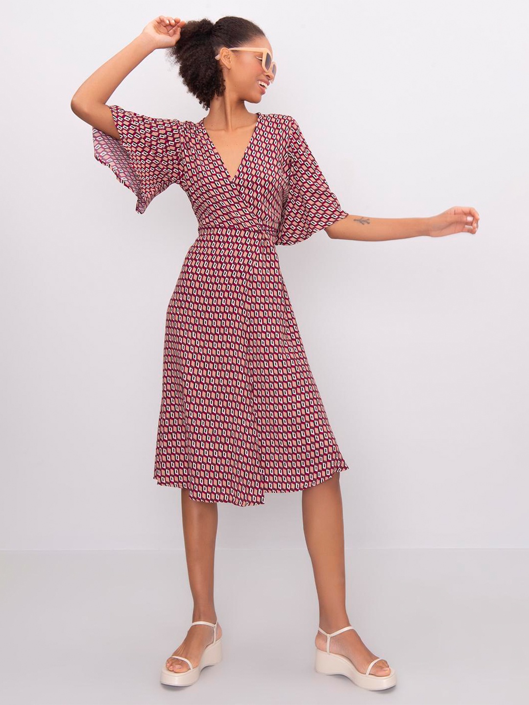

PRET A TUER Geomteric Printed Flared Sleeves Wrap Midi Dress, Beige