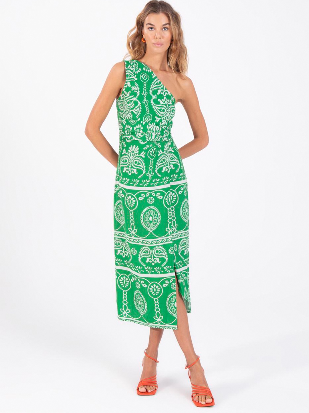 

PRET A TUER Ethnic Motifs Printed One Shoulder Sheath Midi Dress, Green