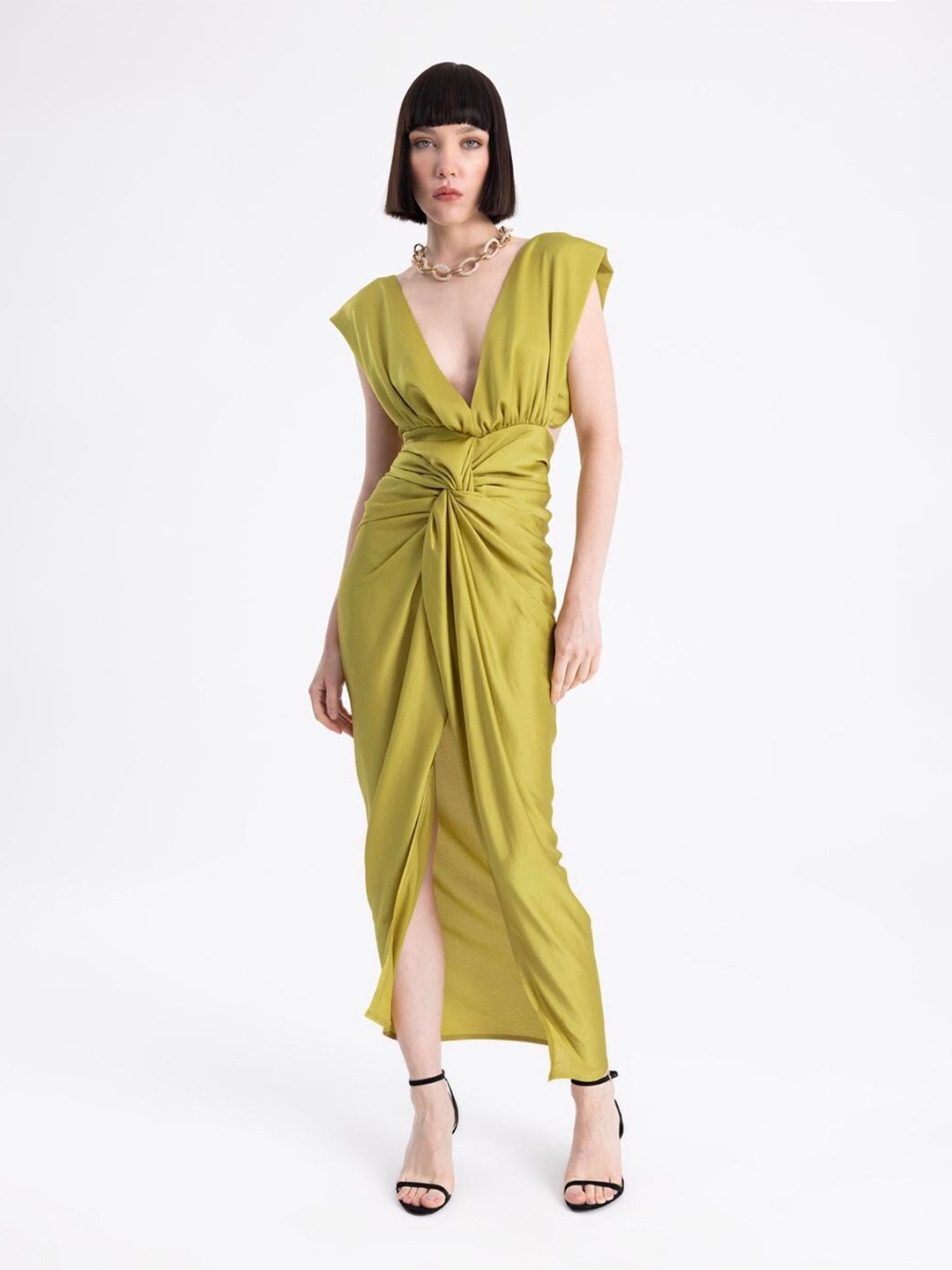 

PRET A TUER V-Neck Satin Sheath Dress, Olive
