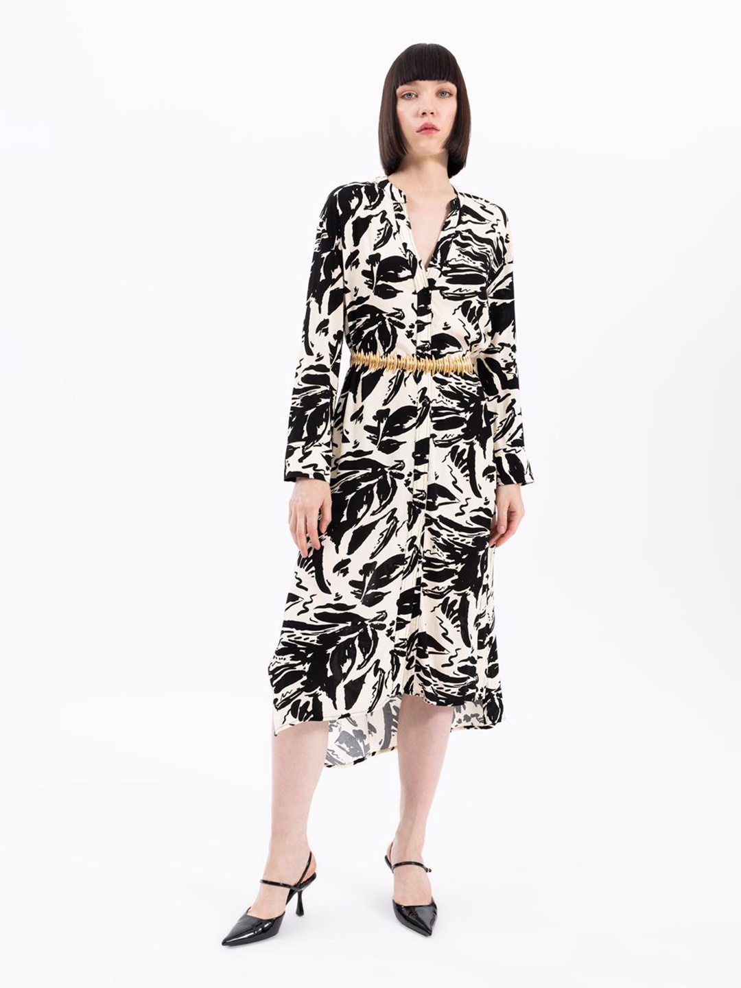 

PRET A TUER Abstract Printed A-Line Midi Dress, Beige