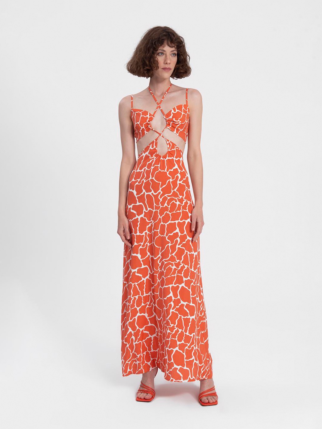 

PRET A TUER Abstract Printed Halter Neck Maxi Dress, Orange