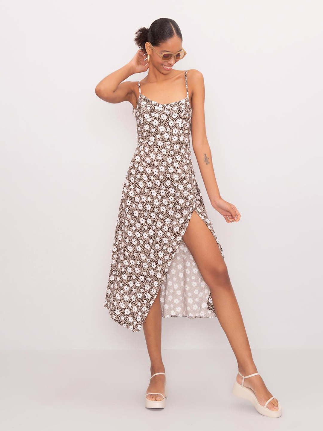 

PRET A TUER Polka Dot Print A-Line Midi Dress, Beige