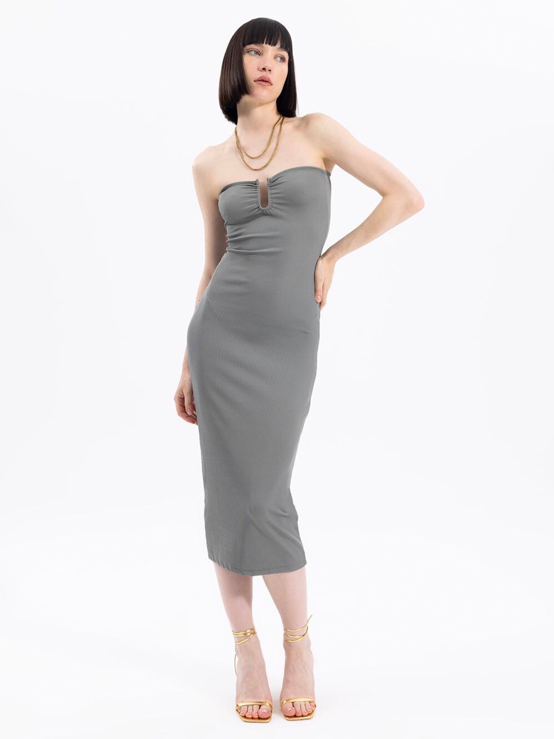 

PRET A TUER Strapless Sheath Midi Dress, Grey