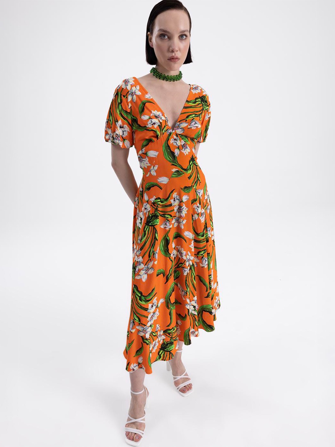 

PRET A TUER Floral Printed Puff Sleeves Fit & Flare Midi Dress, Orange