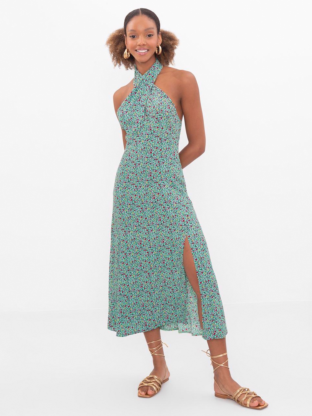 

PRET A TUER Floral Print Halter Neck A-Line Dress, Green