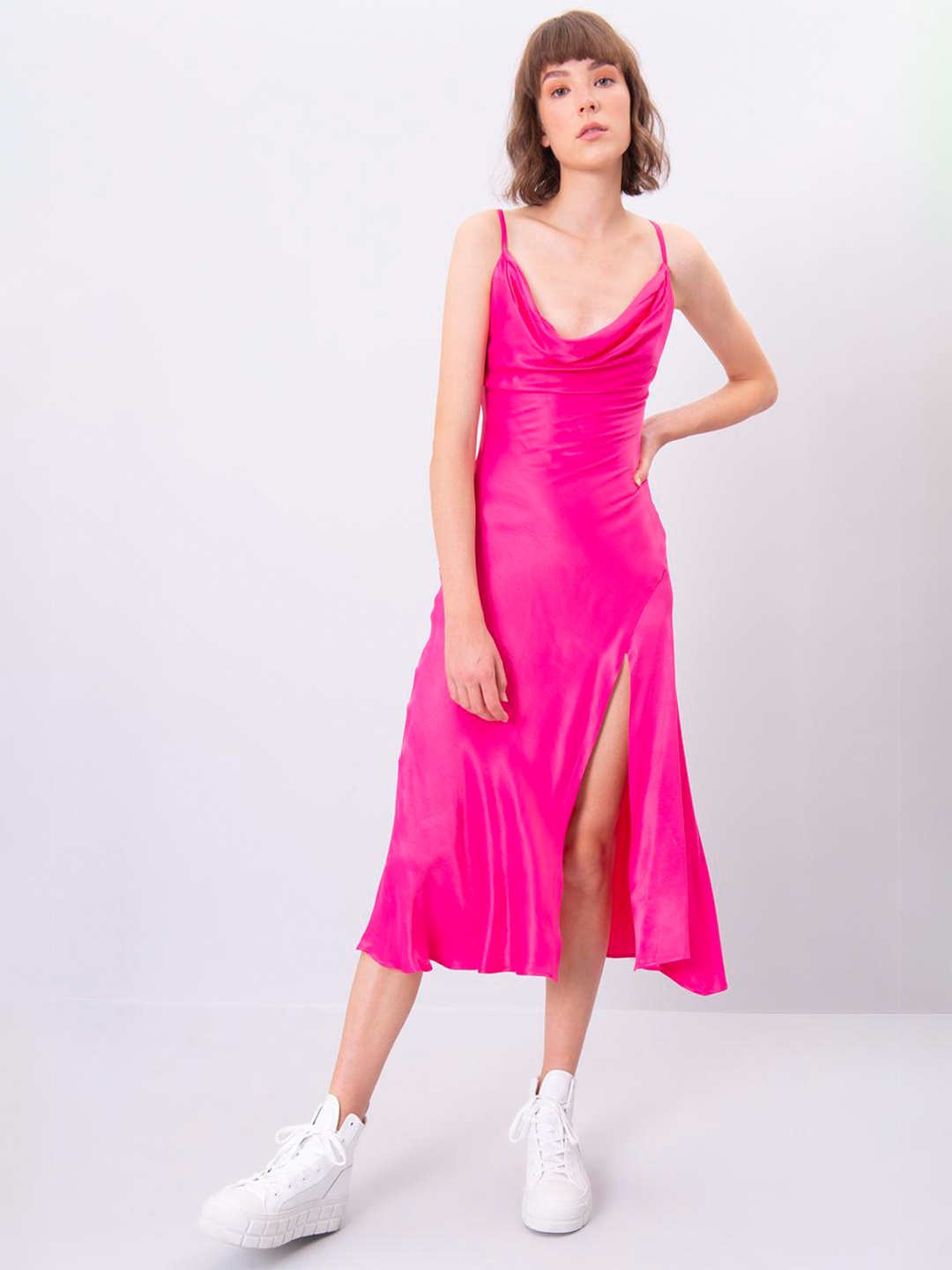 

PRET A TUER Cowl Neck Satin Midi Slip Dress, Pink