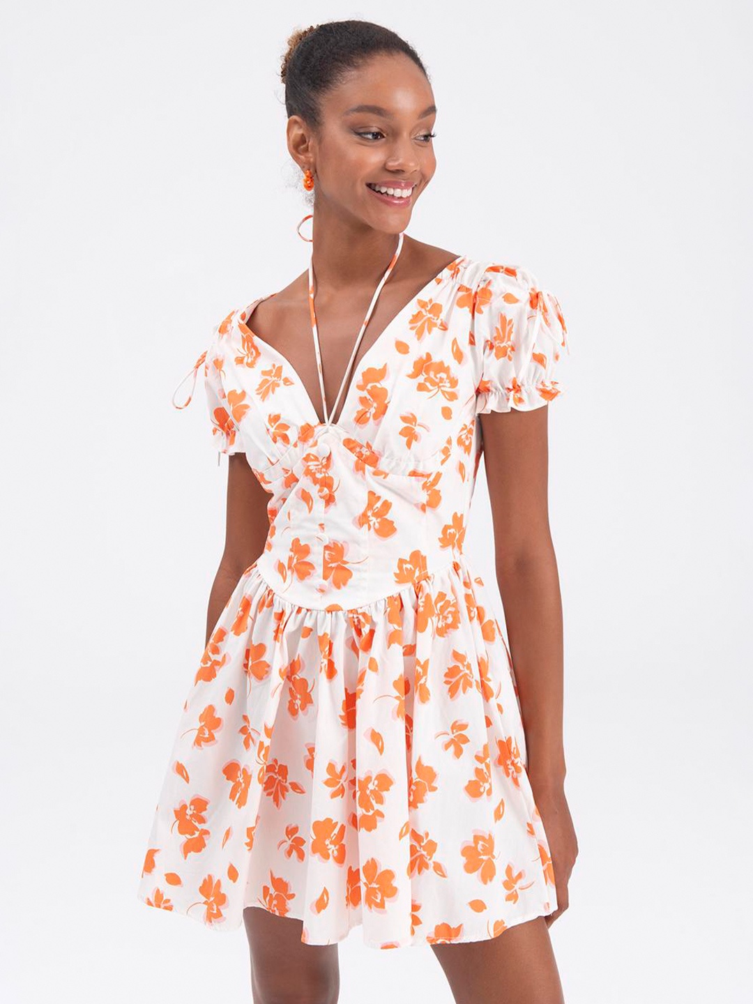 

PRET A TUER Floral Print Fit & Flare Mini Dress, Off white