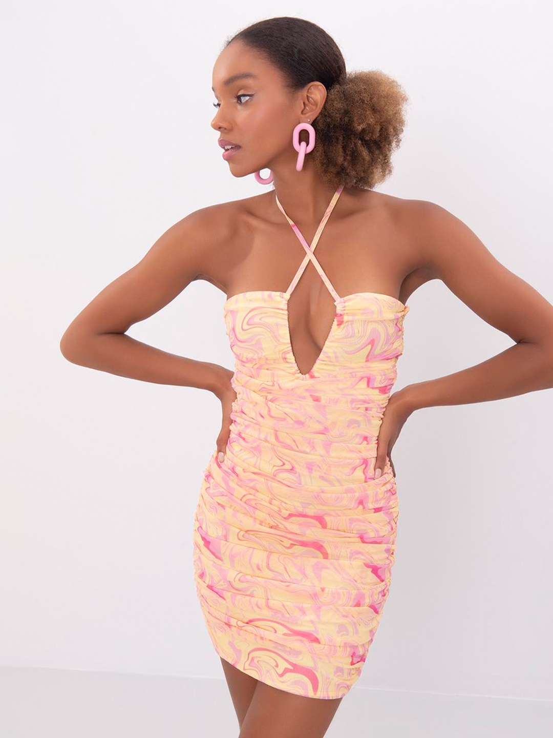 

PRET A TUER Abstract Printed Tie-Up Neck Bodycon Dress, Yellow