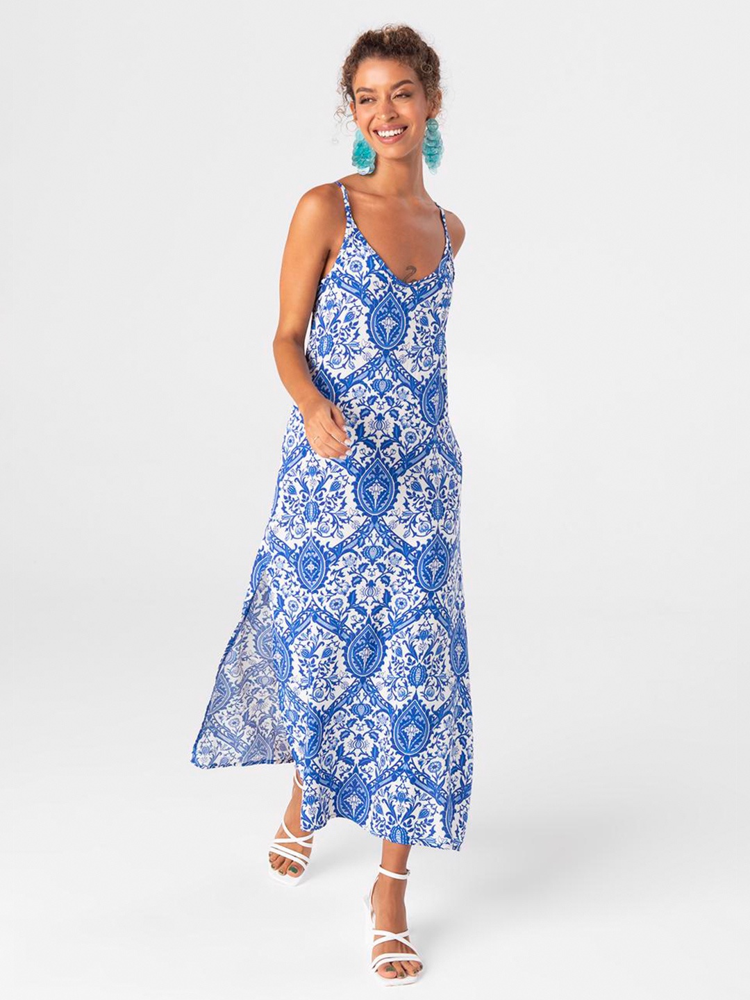 

PRET A TUER Ethnic Motifs Printed Sleeveless A-Line Midi Dress, Blue