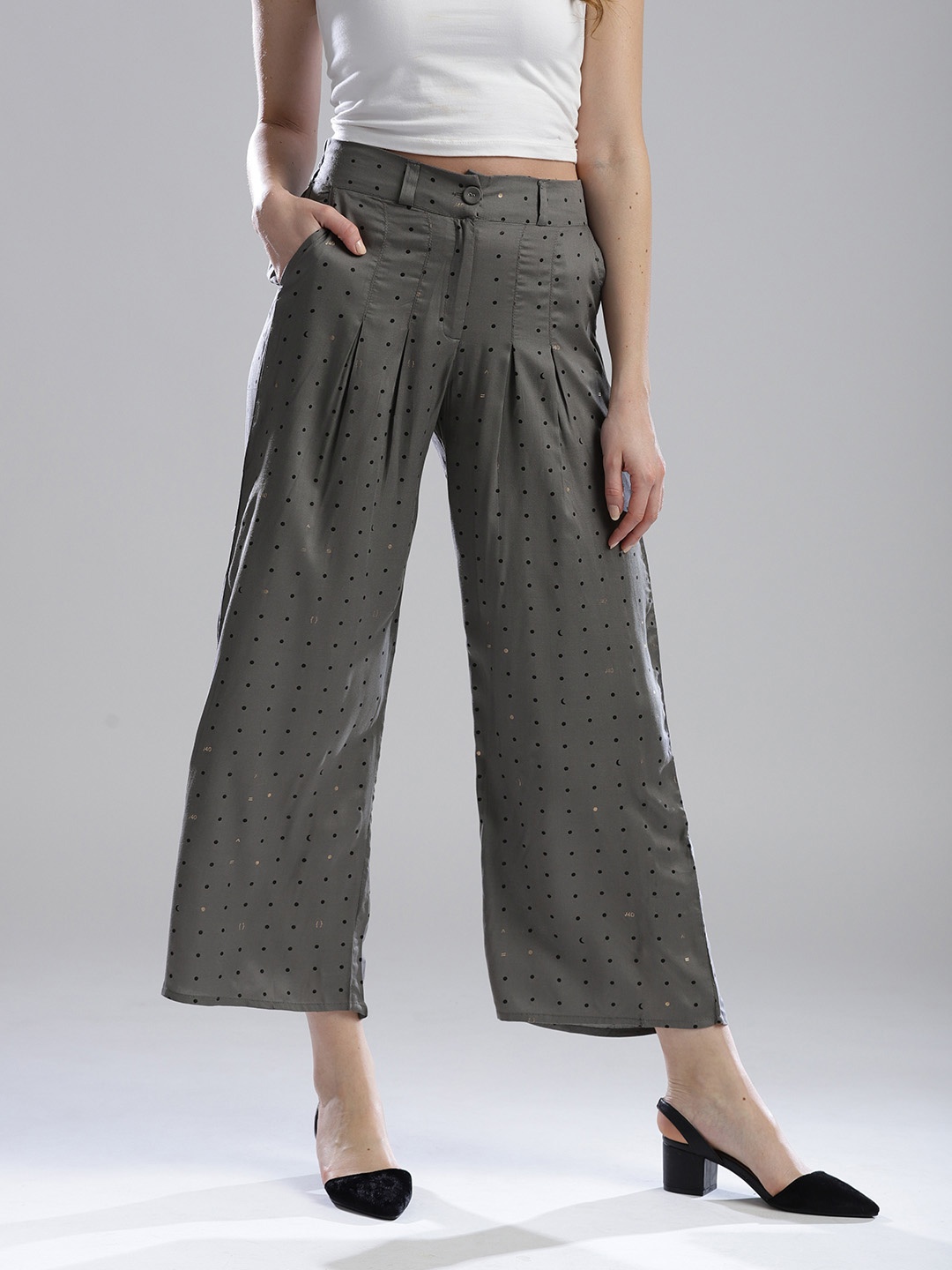 

W Women Grey Wide Leg Printed Palazzos