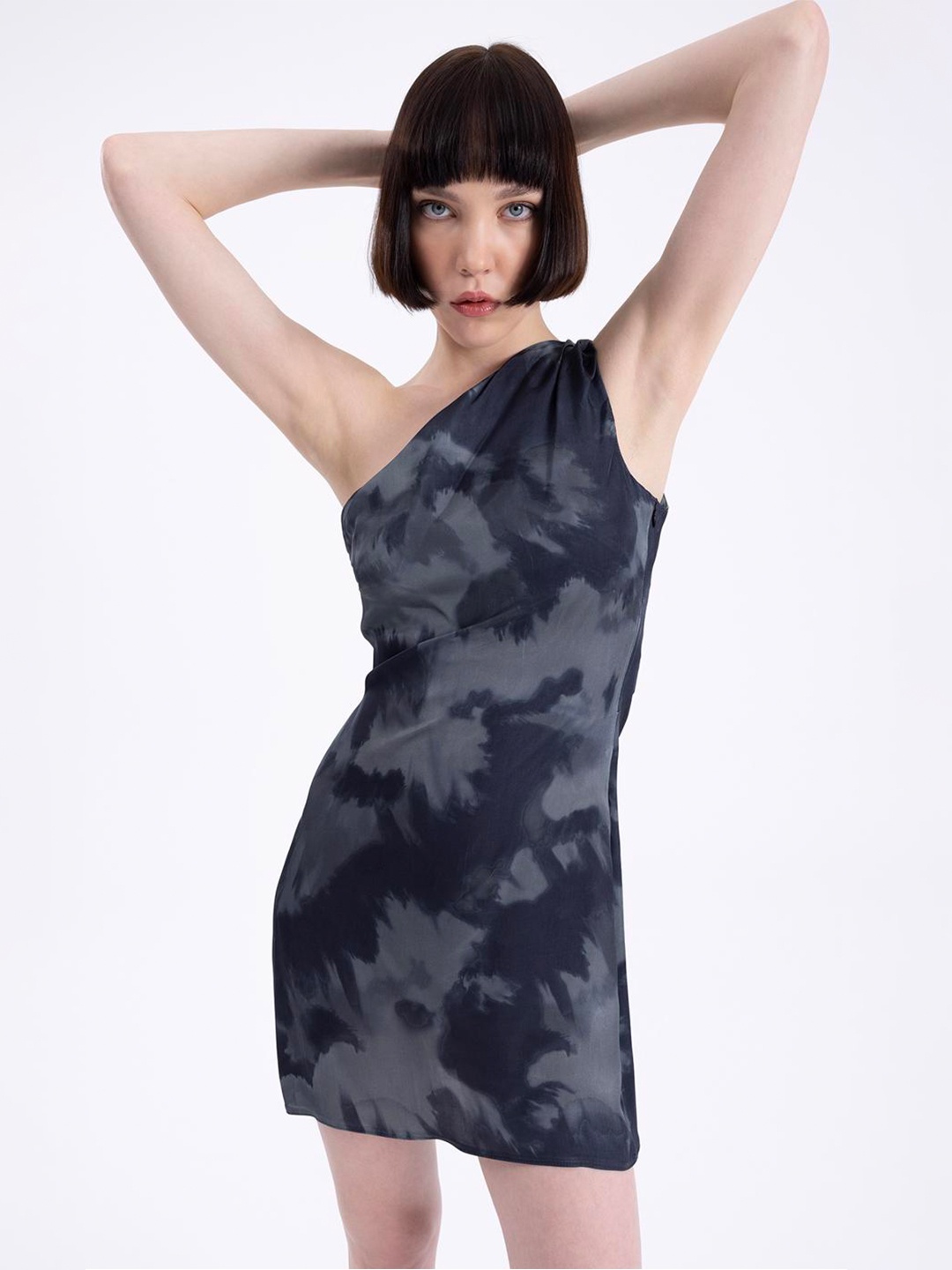 

PRET A TUER Abstract Printed One Shoulder A-Line Mini Dress, Charcoal