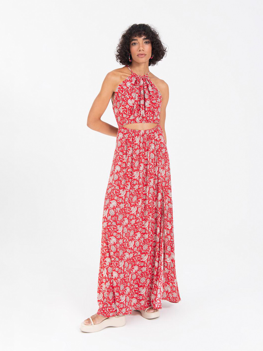 

PRET A TUER Floral Printed Halter Neck Cut Out Maxi Dress, Red