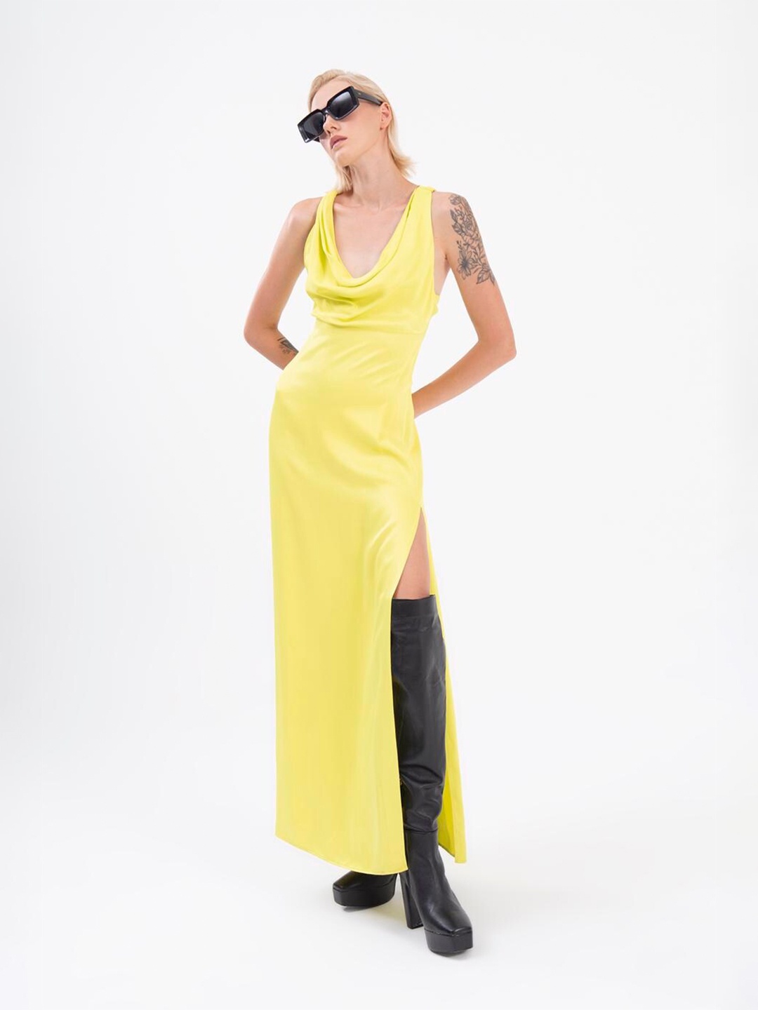 

PRET A TUER Cowl Neck Sleeveless Maxi Party Dress With Slit, Yellow
