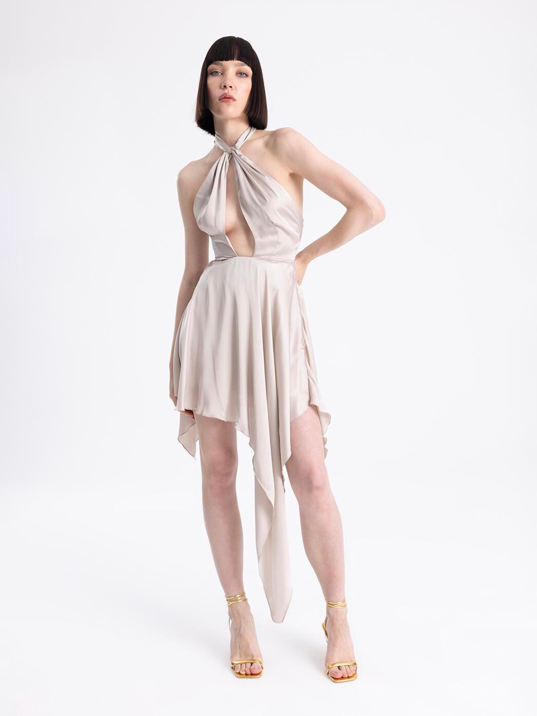 

PRET A TUER Halter Neck Asymmetric Fit & Flare Dress, Beige