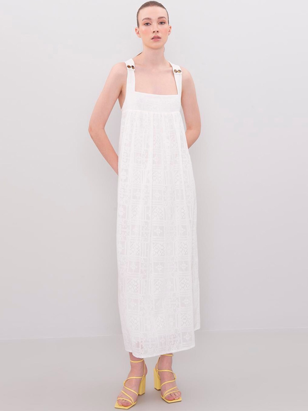 

PRET A TUER Self Design Shoulder Straps Maxi Dress, White