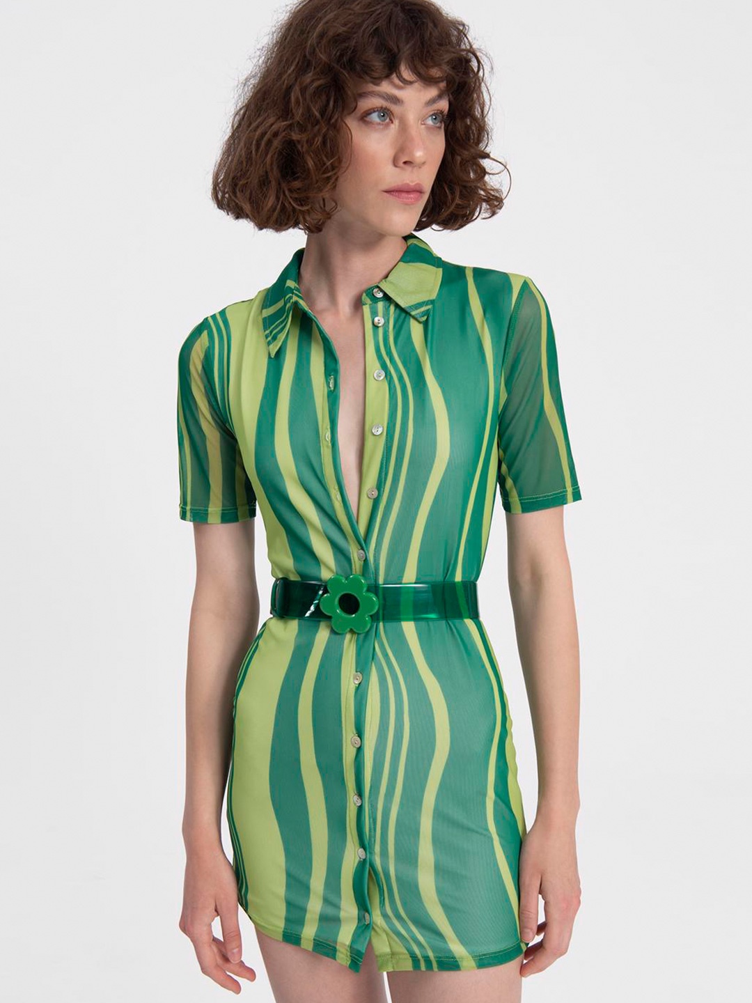 

PRET A TUER Striped Shirt Style Mini Dress, Green