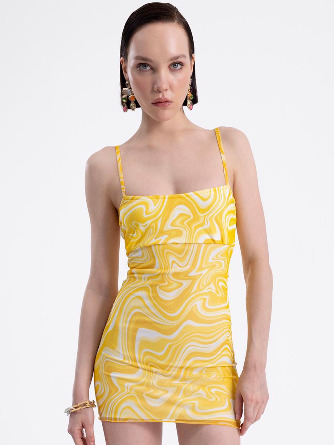 

PRET A TUER Abstract Printed Shoulder Straps Bodycon Mini Dress, Yellow