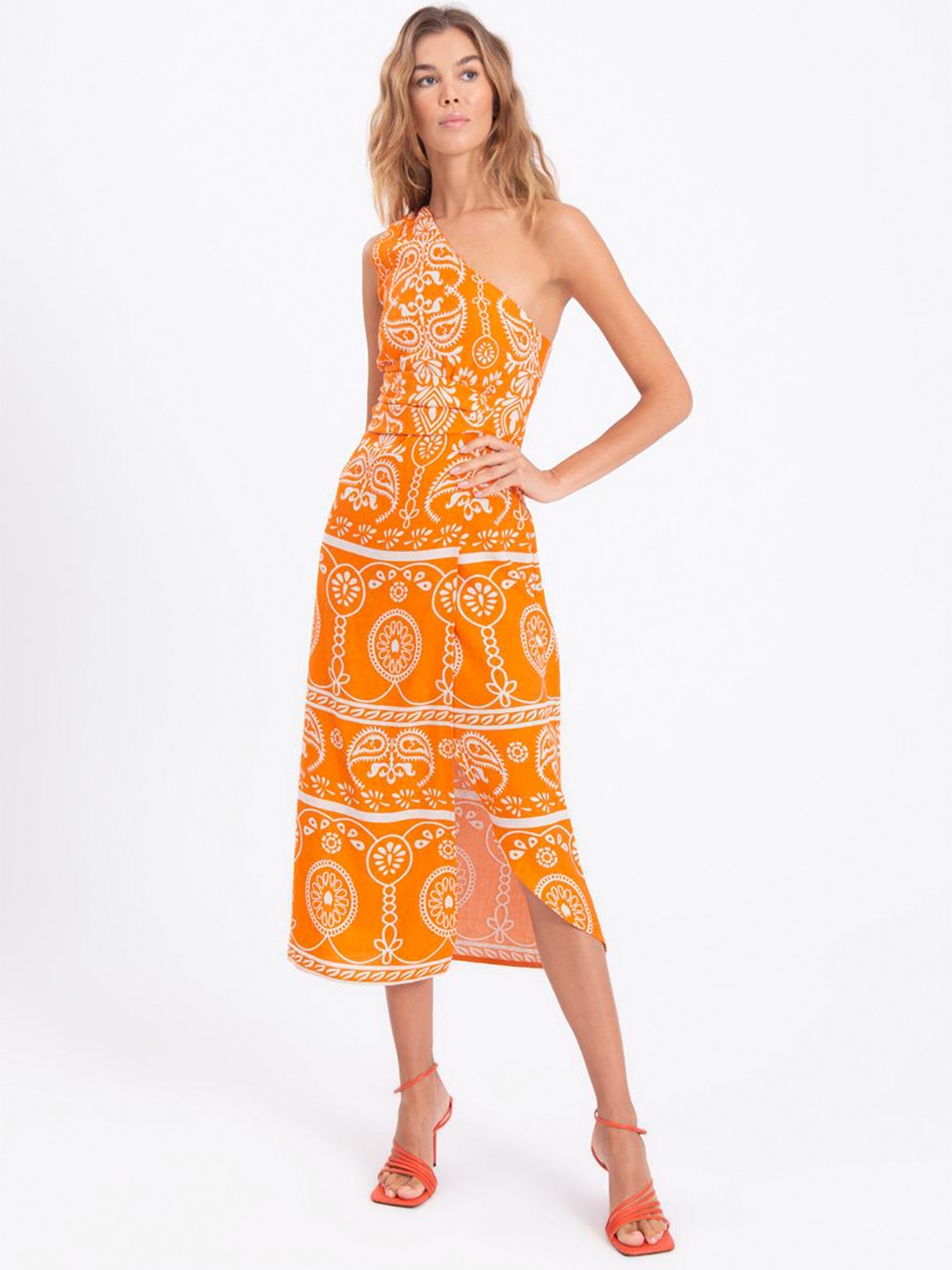 

PRET A TUER Ethnic Motifs Printed Sheath Midi Dress, Orange