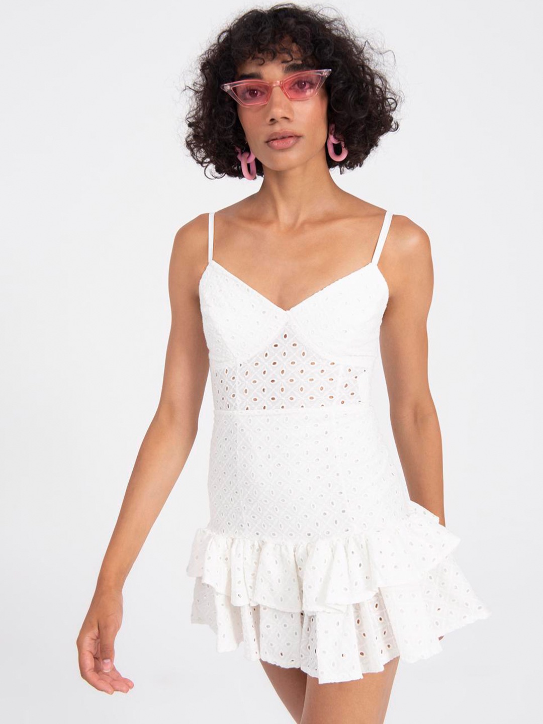 

PRET A TUER Self Design Shoulder Straps Schiffli A-Line Mini Dress, White