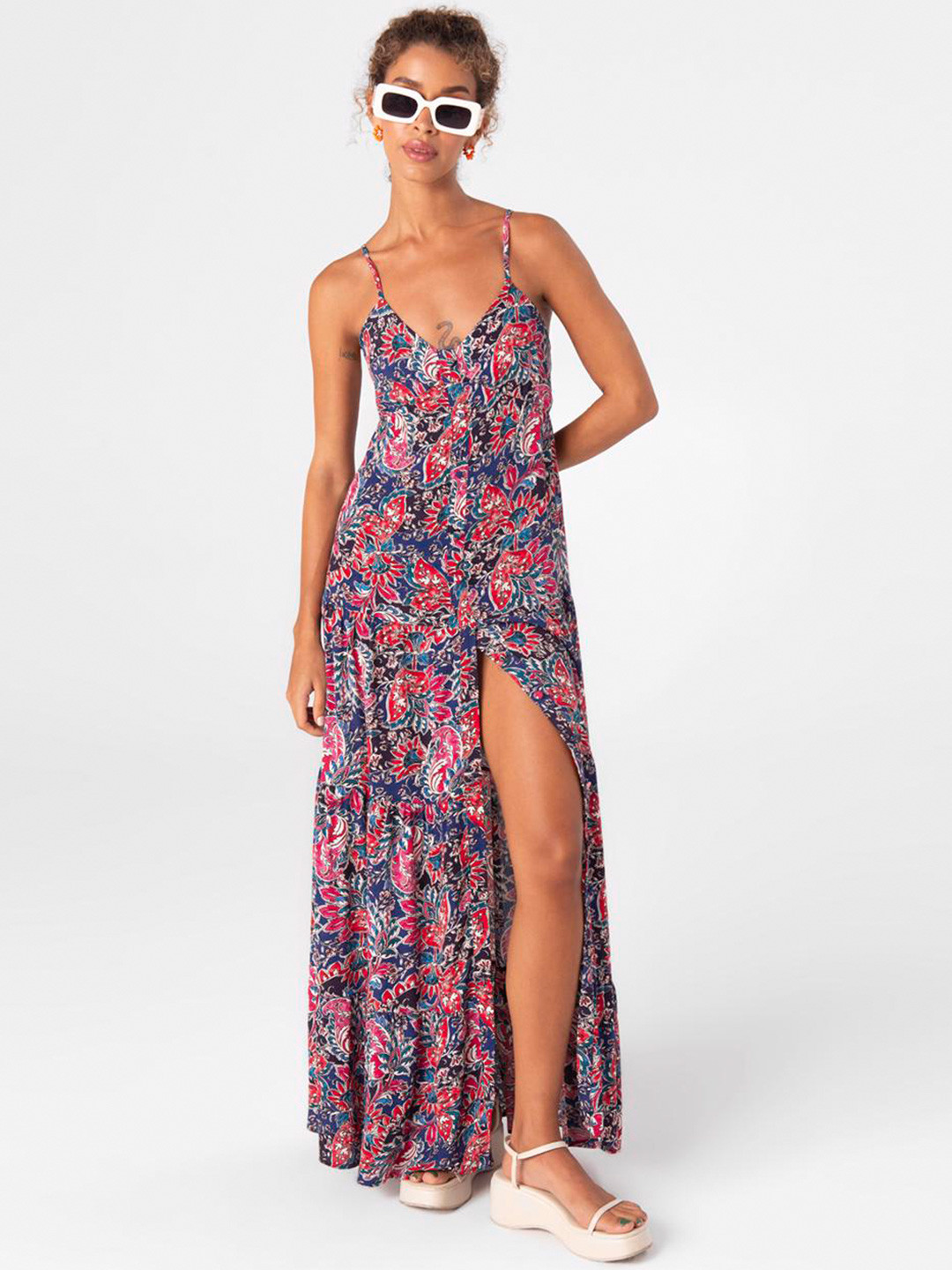 

PRET A TUER Floral Printed Shoulder Straps Fit & Flare Maxi Dress, Blue