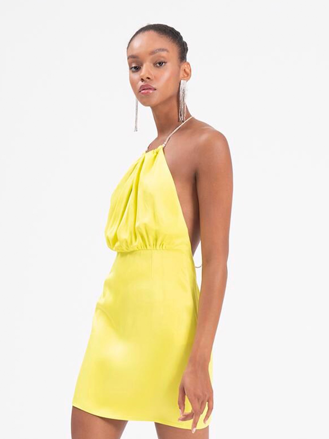 

PRET A TUER Satin Halter Neck Sheath Mini Dress, Yellow