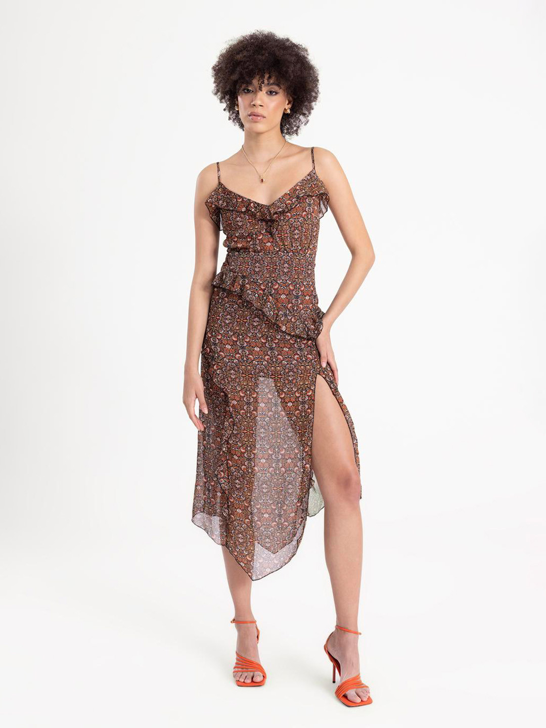 

PRET A TUER Floral Printed Shoulder Straps Ruffled A-Line Midi Dress, Black