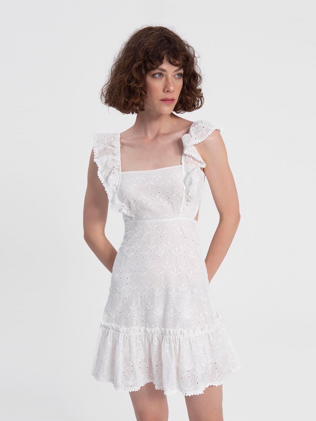 

PRET A TUER Self Design Sleeveless Ruffled Tie-Up Detailed Cotton A-Line Mini Dress, White