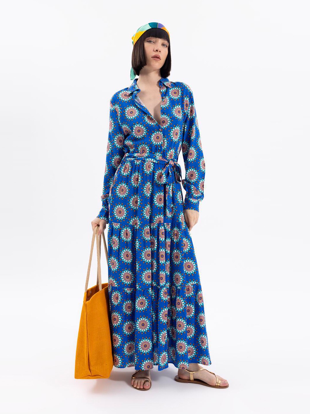 

PRET A TUER Ethnic Motifs Printed Waist Tie-Up Maxi Dress, Blue