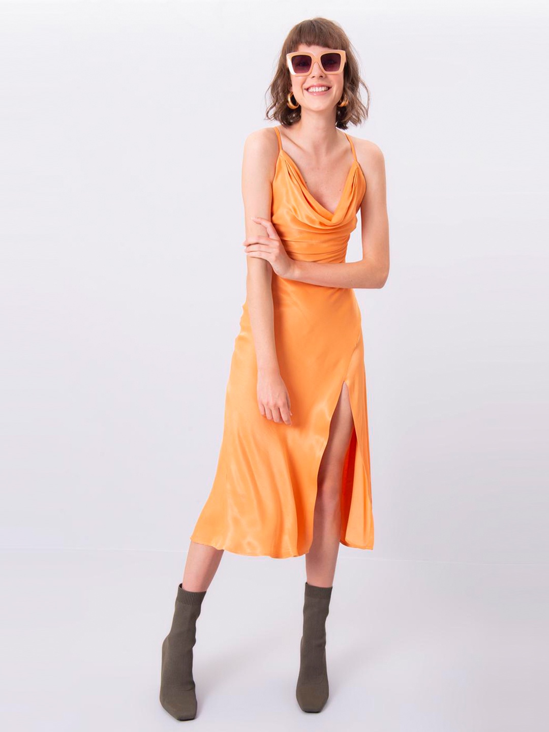 

PRET A TUER Cowl Neck A-Line Midi Dress, Orange