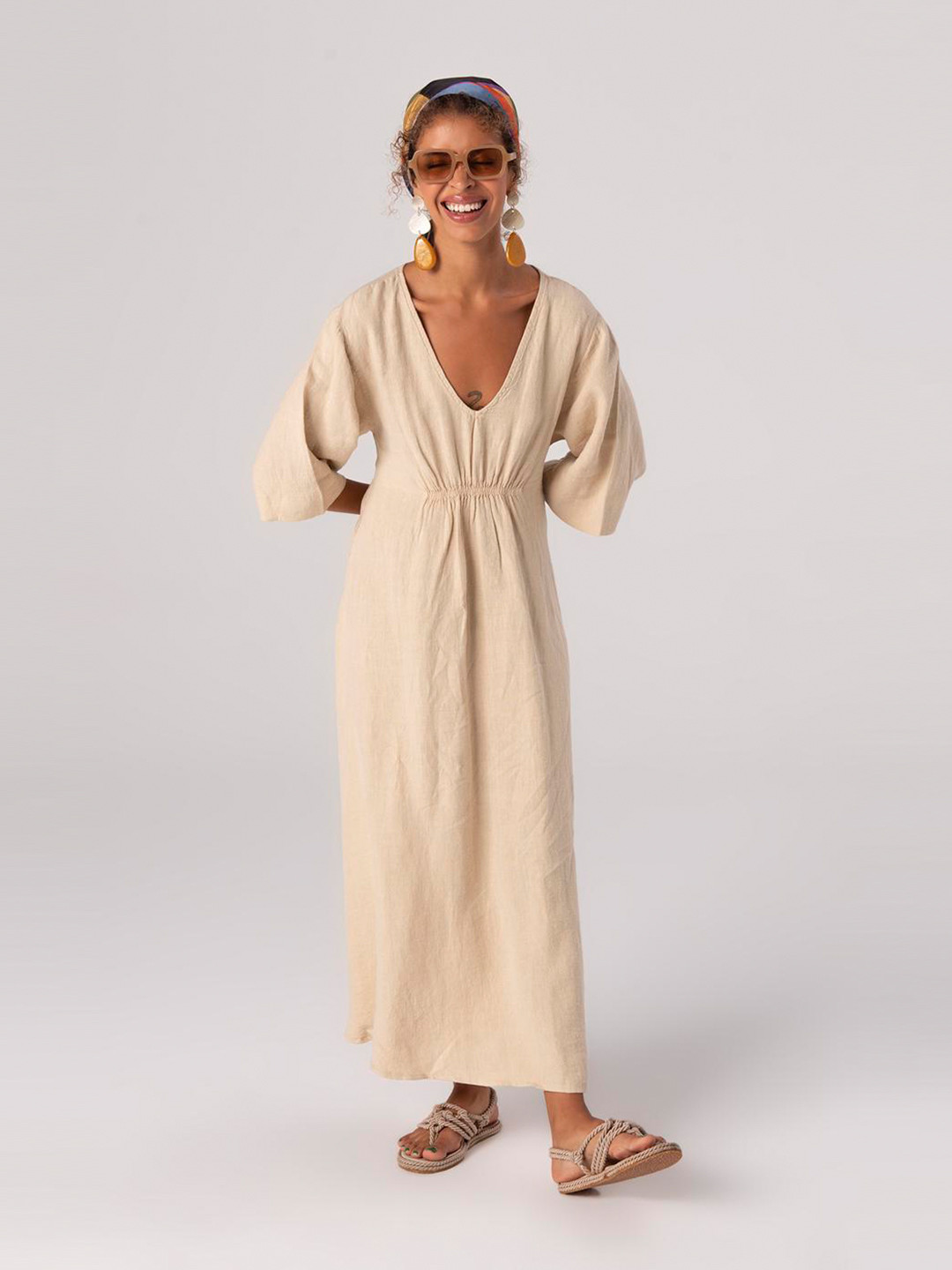 

PRET A TUER Beige Striped Linen Maxi Dress