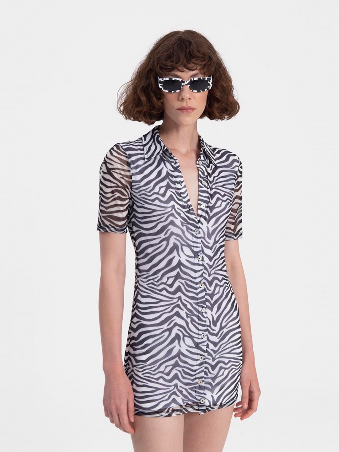 

PRET A TUER Animal Printed Semi Sheer Mini Shirt Dress, White