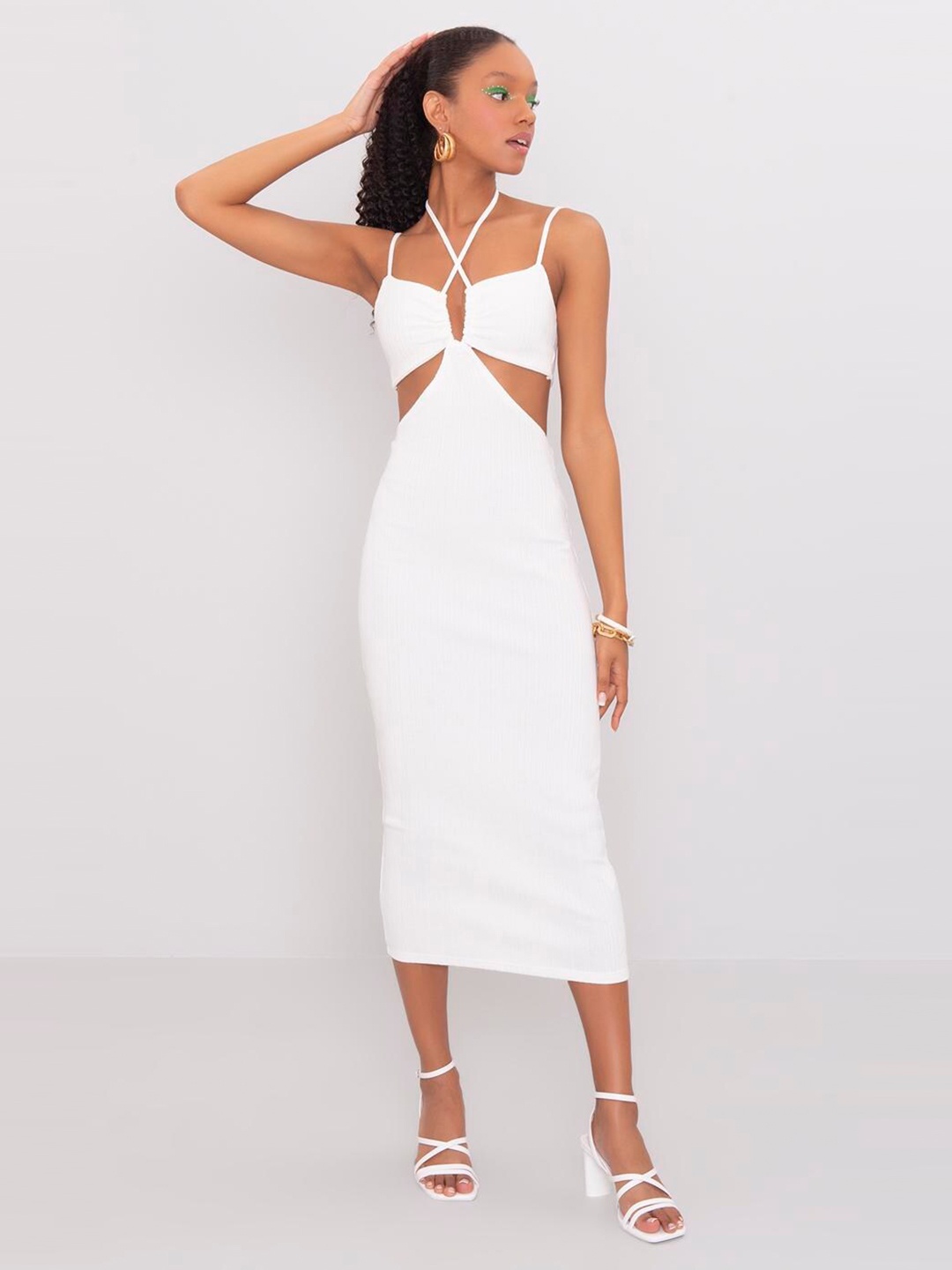

PRET A TUER Shoulder Straps Cut-Out Detail Sheath Midi Cotton Dress, White