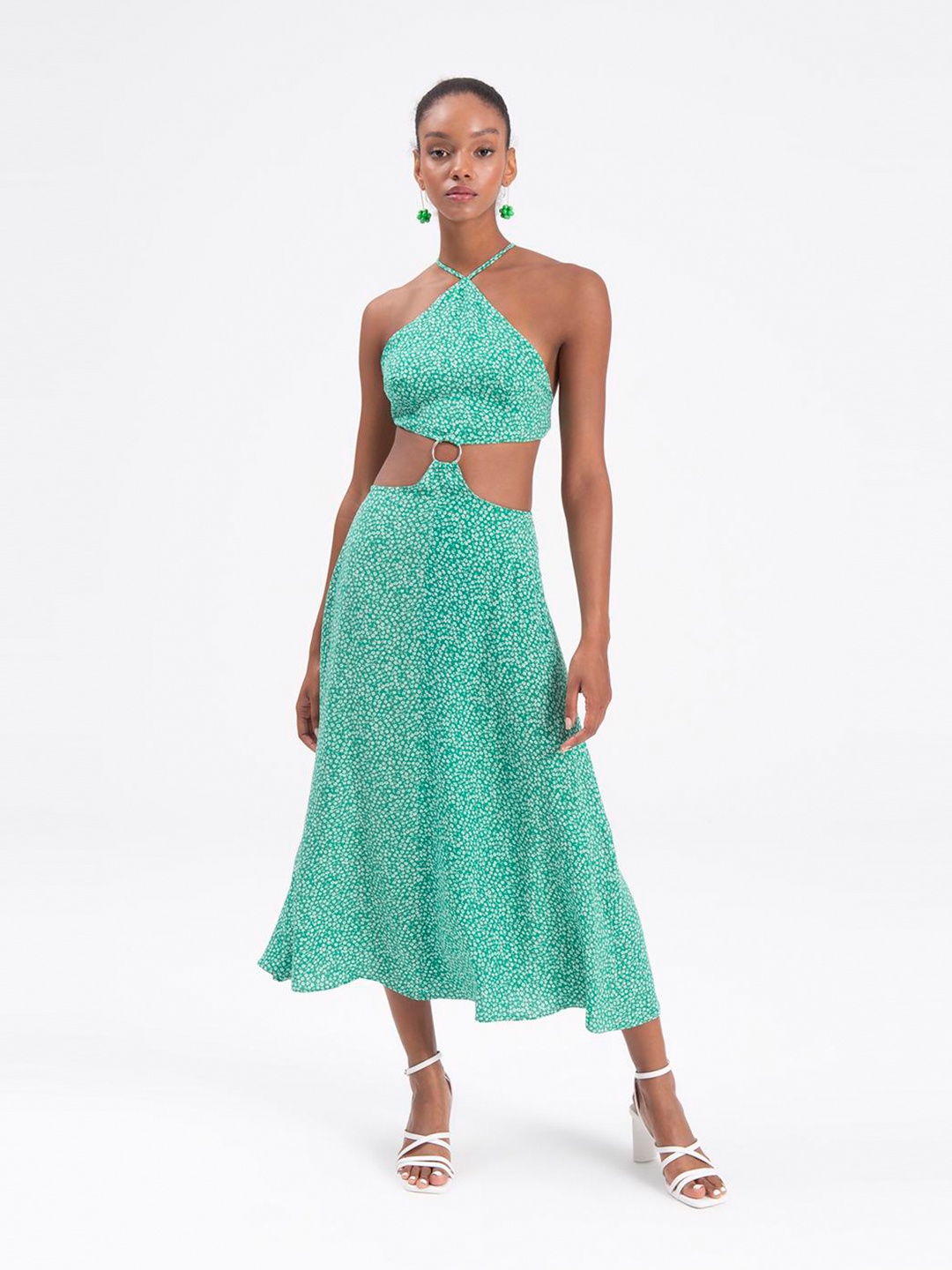 

PRET A TUER Floral Printed Halter Neck Cut Out A-Line Dress, Green