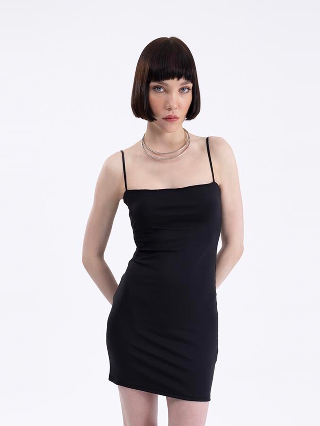 

PRET A TUER Square Neck Strappy Bodycon Mini Dress, Black