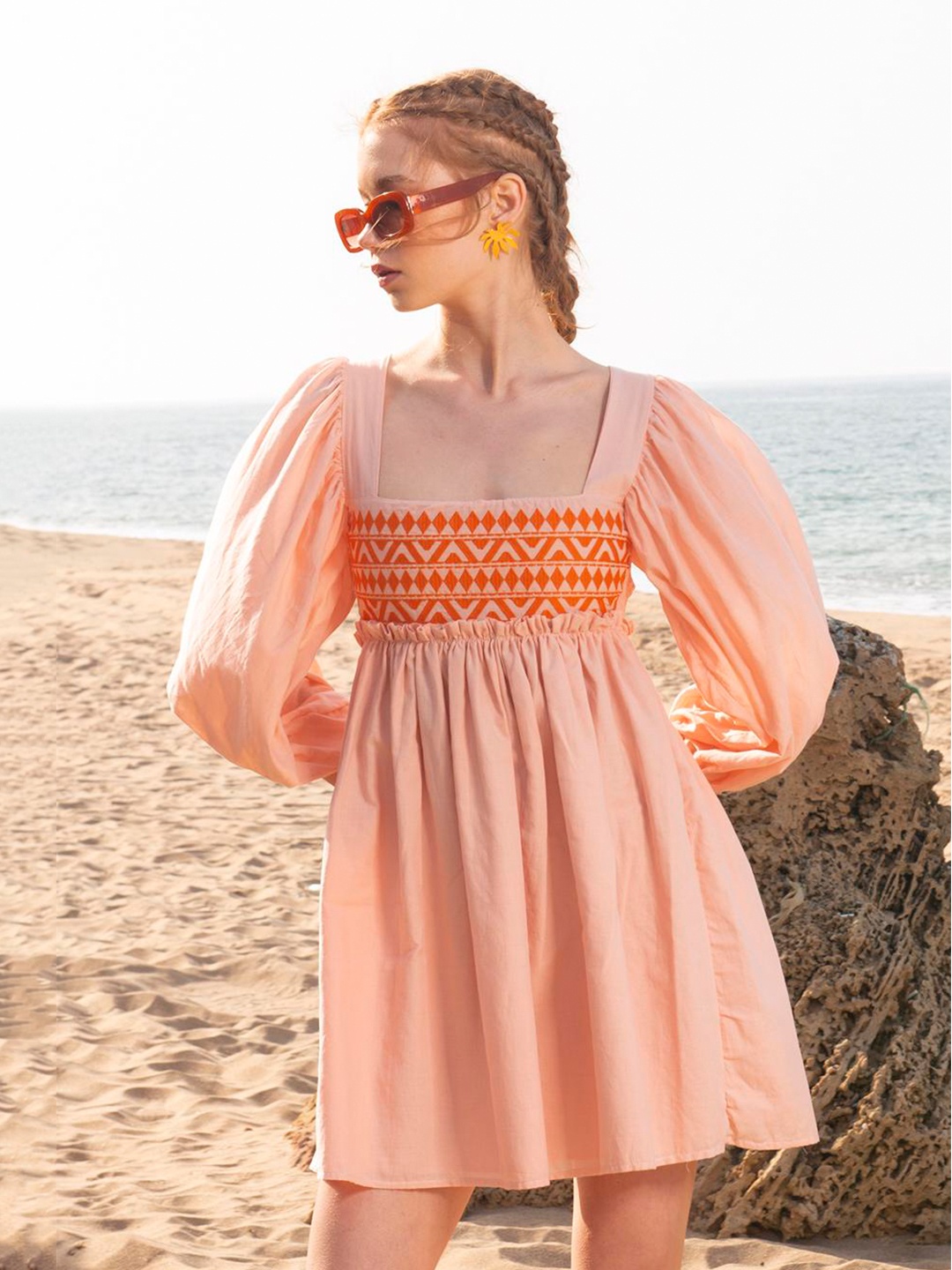

PRET A TUER Geometric Printed Square-Neck Puff Sleeves Cotton Fit & Flare Dress, Peach