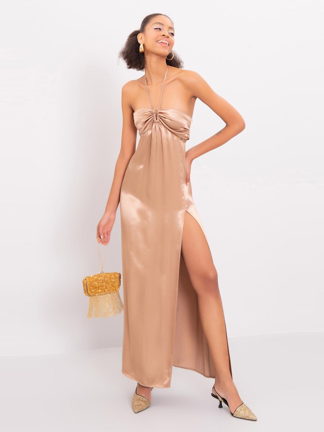 

PRET A TUER Beige Halter Neck Fit & Flare Dress