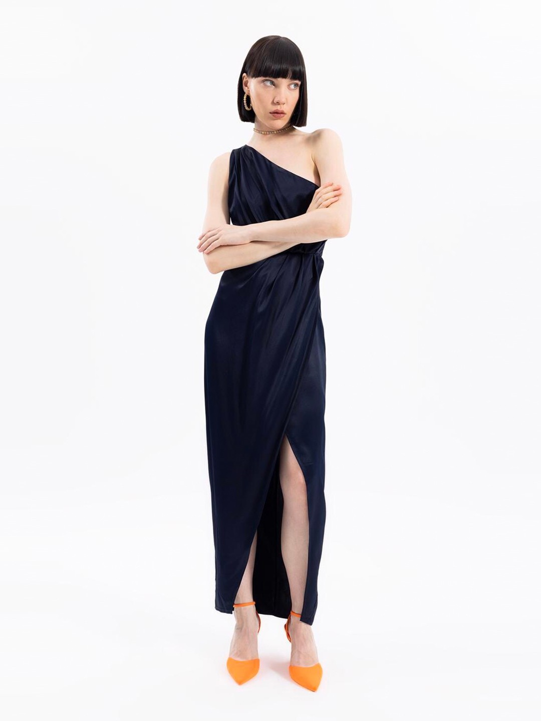 

PRET A TUER One Shoulder Gathered or Pleated Satin Maxi Dress, Blue